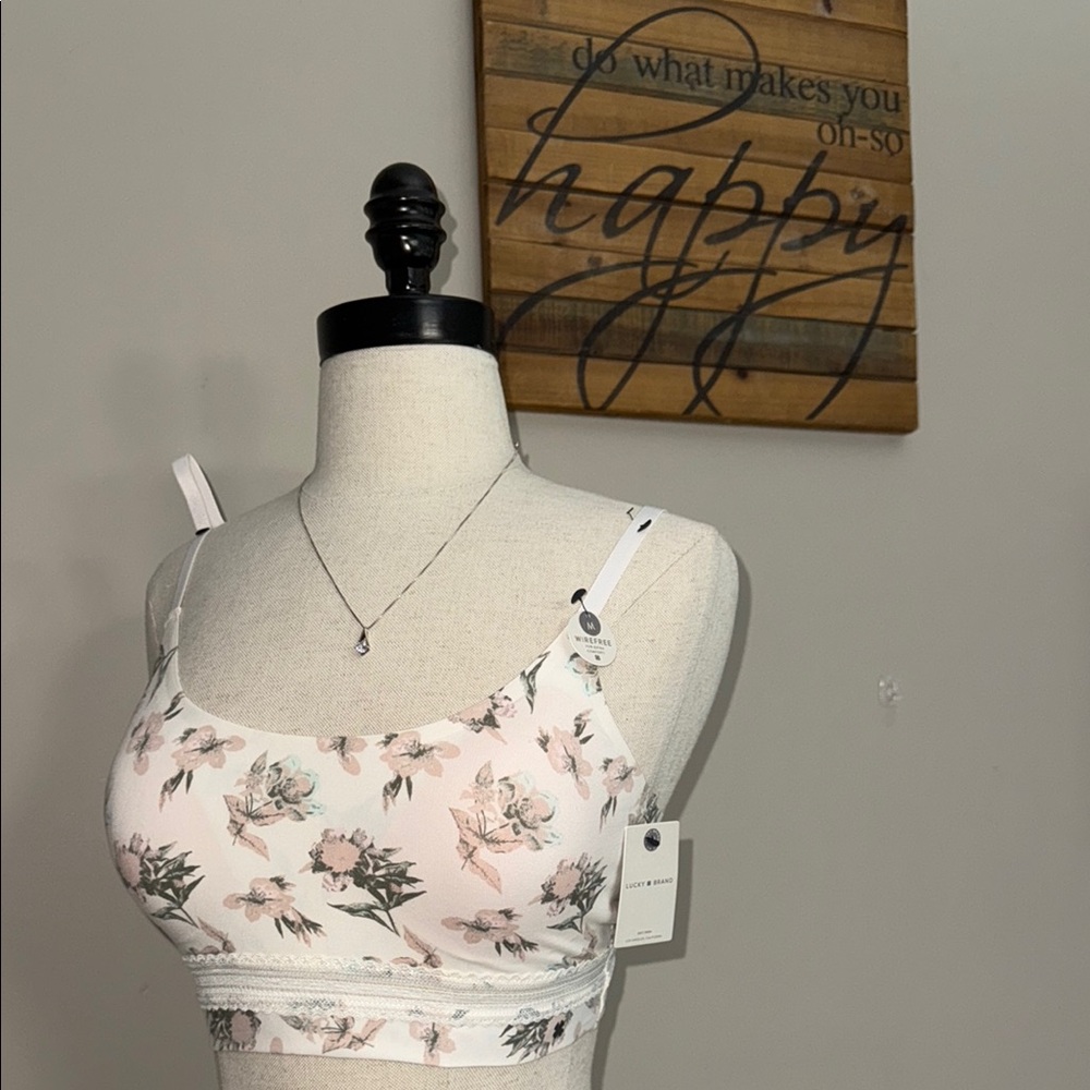 Lucky Brand Floral Print‎ Bralette Cream White Pink Wire Free Comfort Size M